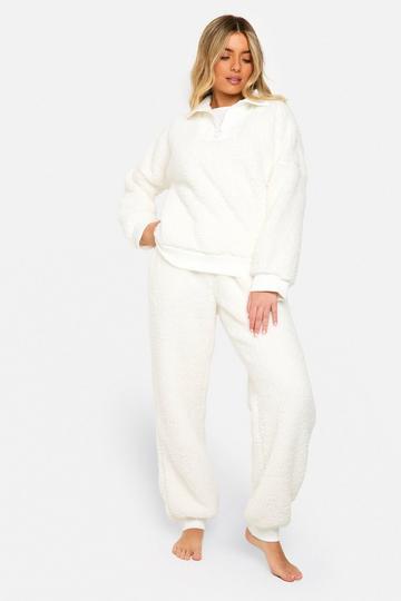 Geribbelde Lounge Set Met Fleece Korte Rits En Joggingbroek cream