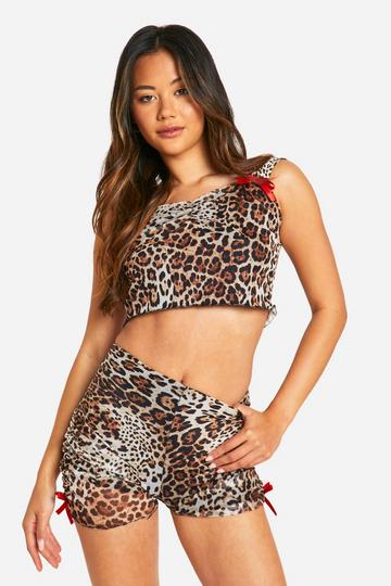 Leopard Mesh Ruched Ribbion Booty Short leopard