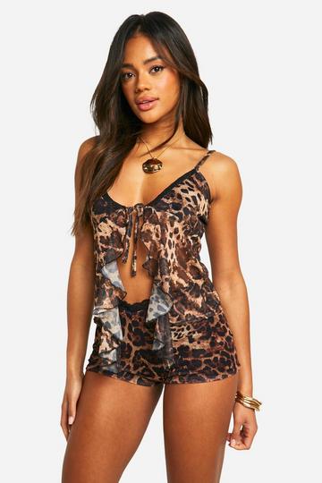 Mesh Luipaardprint Booty Shorts Met Kanten Zoom leopard