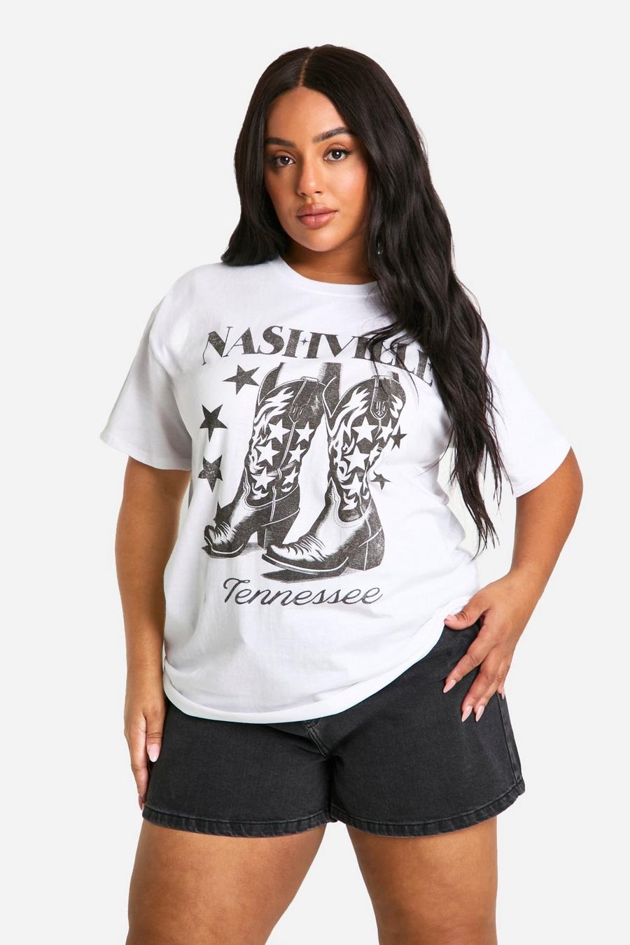 Plus Oversize T-Shirt mit Nashville Print, White image number 1