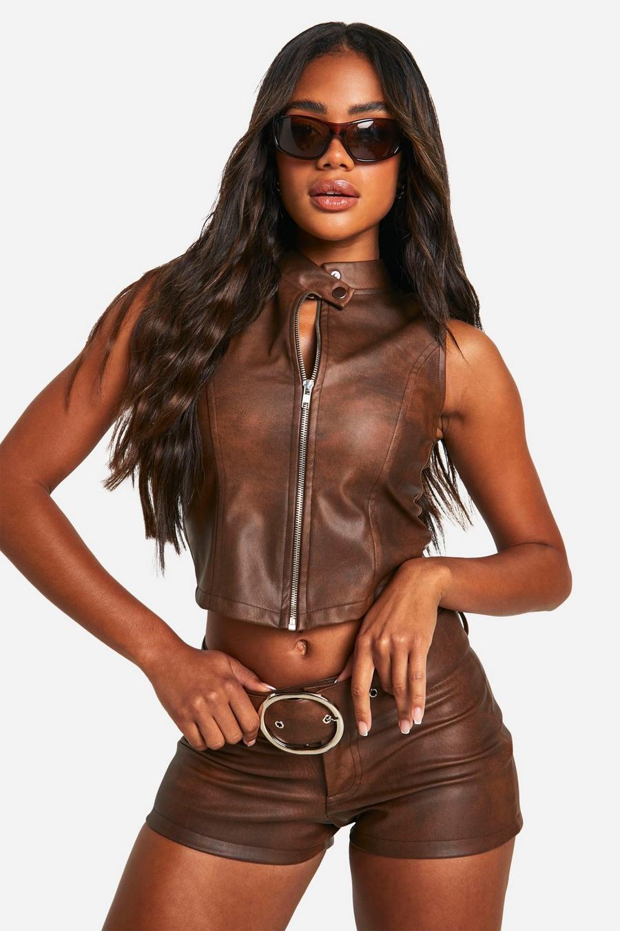 Brown Festival Washed Leather Look Waistcoat & Shorts Set 