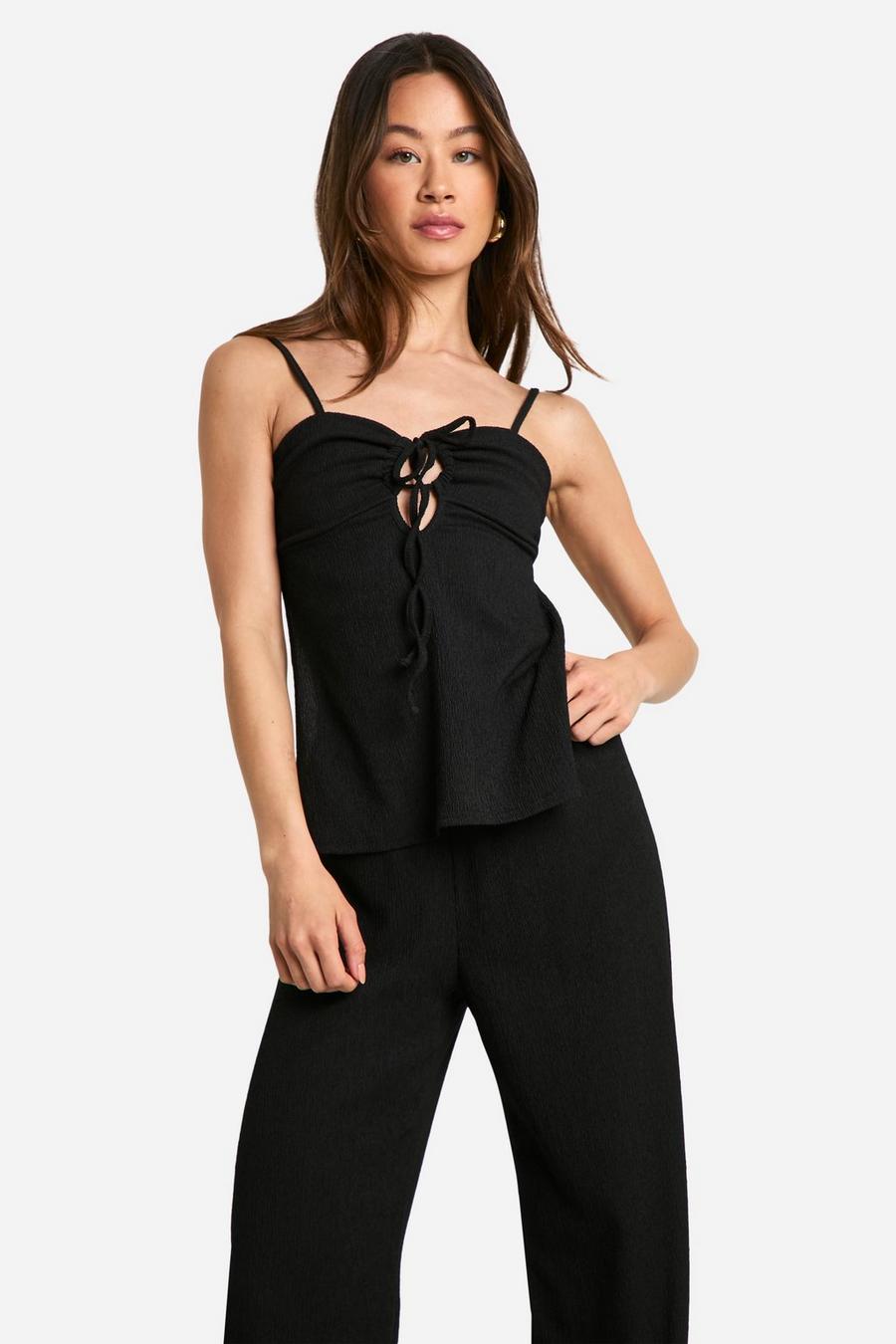 Black Tall Textured Strappy Open Back Top & Pants Co-Ord image number 1