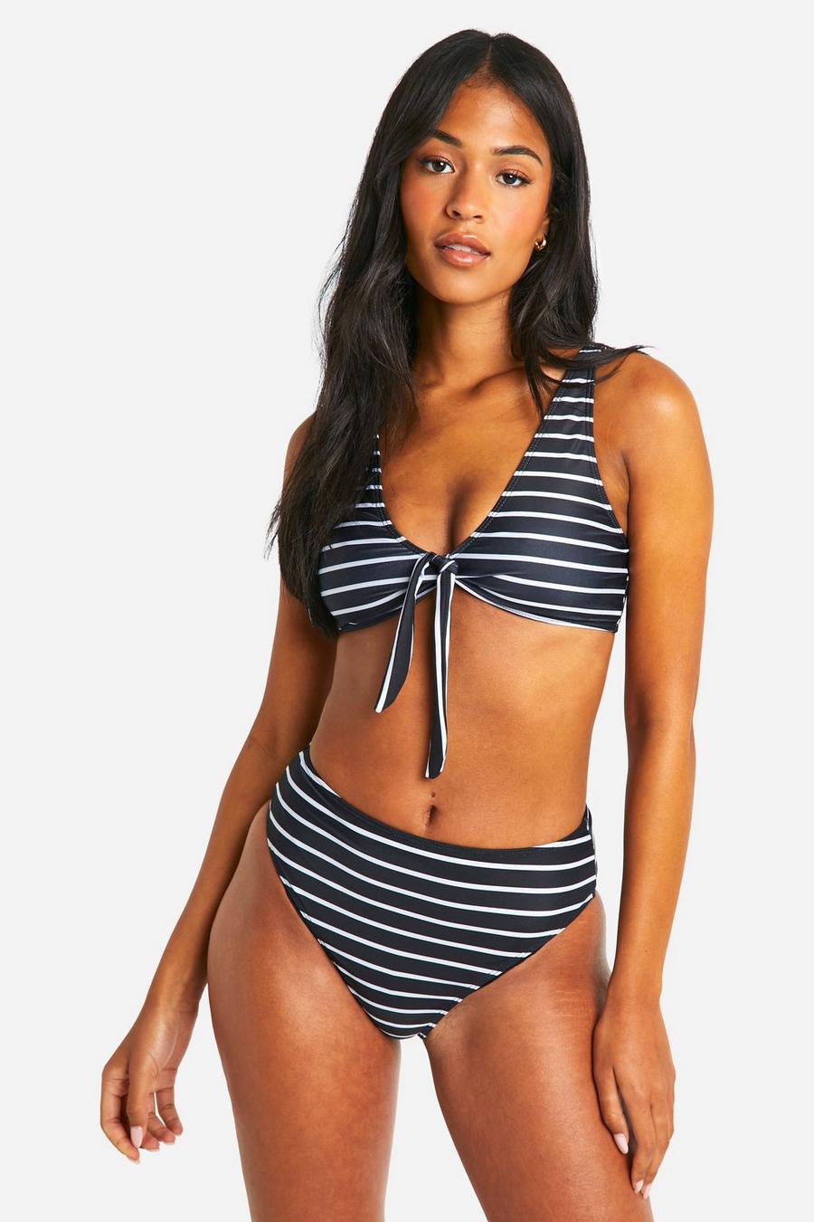 Black Tall Stripe High Waist Bikini Set image number 1