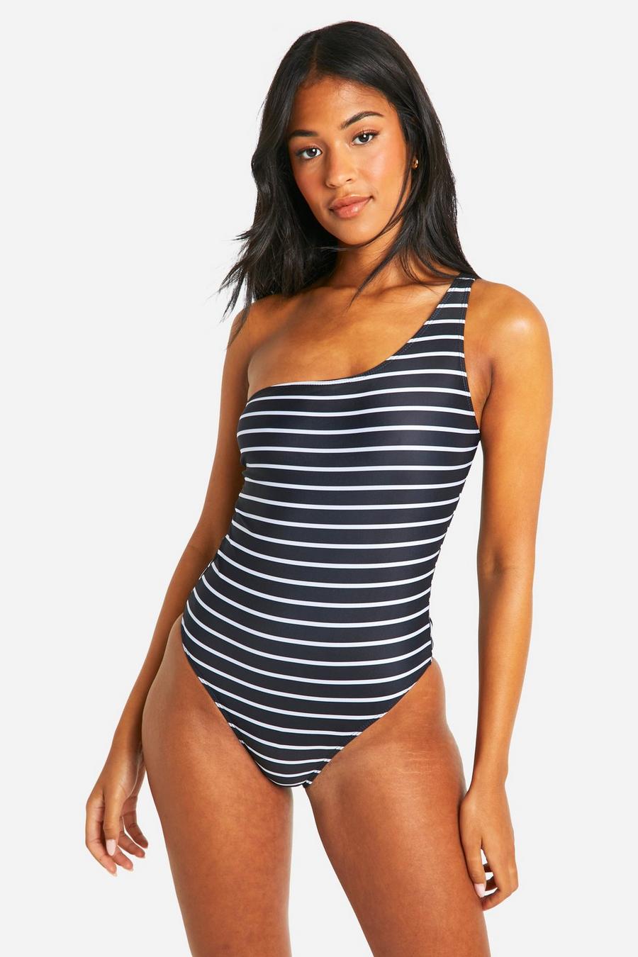 Black Tall Stripe One Shoulder Swimsuit image number 1