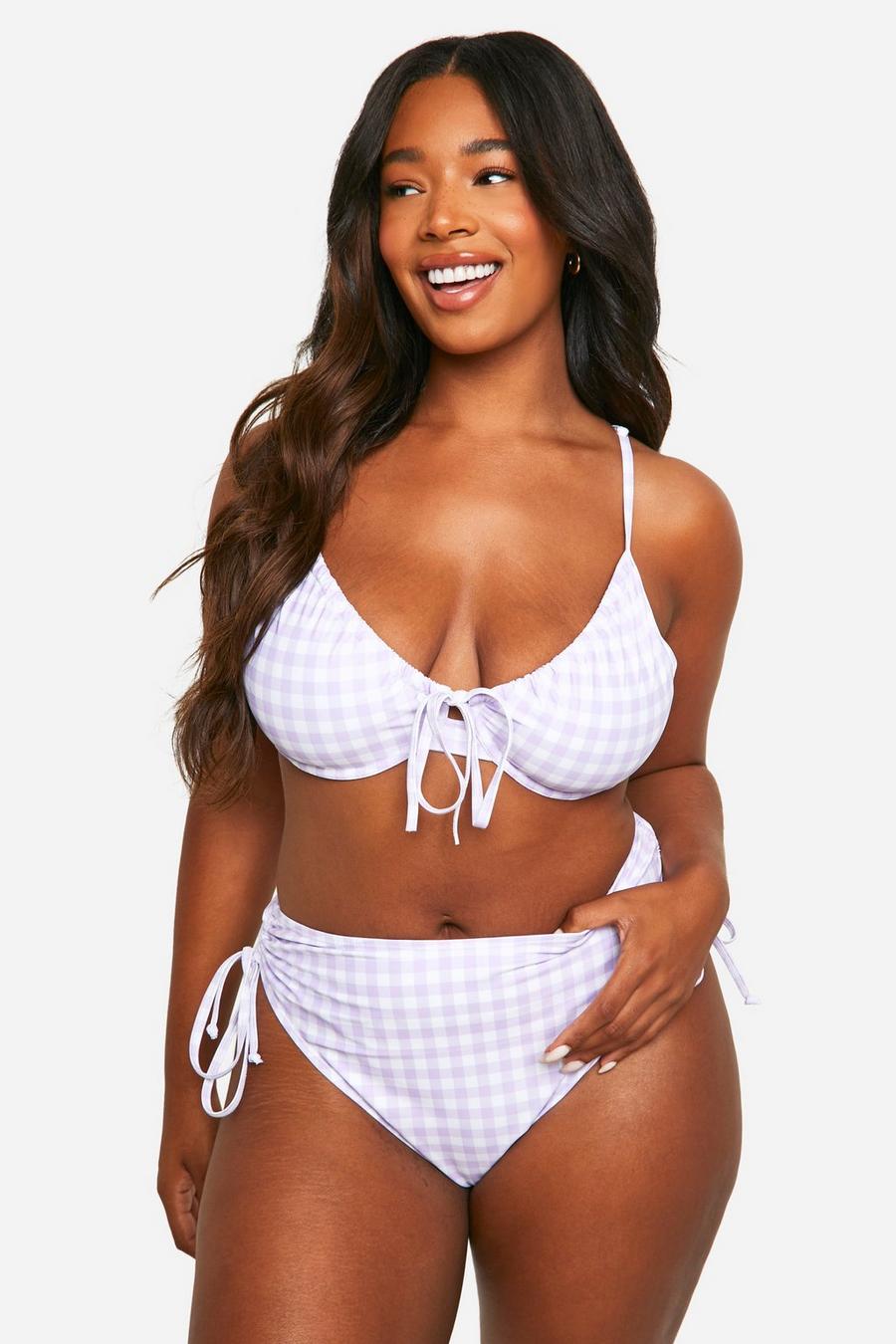 Lilac Plus Gingham Ruched Side High Waisted Bikini Brief  image number 1
