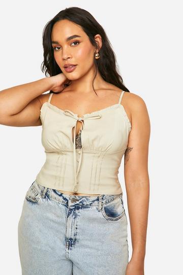 Plus Tie Front Seam Detail Button Corset Top stone