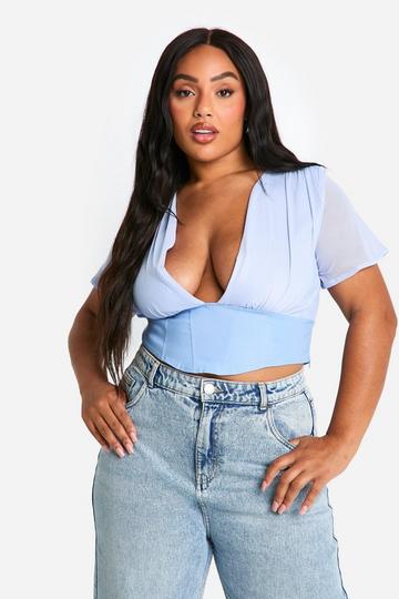 Plus Geplooide Mesh Korset Top baby blue