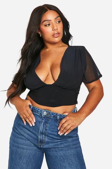 Plus Geplooide Mesh Korset Top black