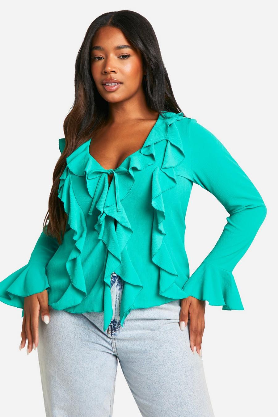 Bright green Plus Double Ruffle Frill Blouse  image number 1
