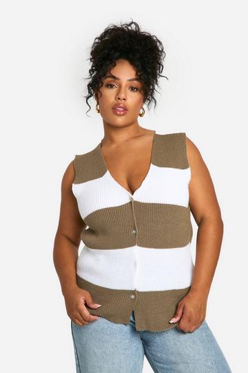 Plus Stripe Longline Button Front Vest taupe