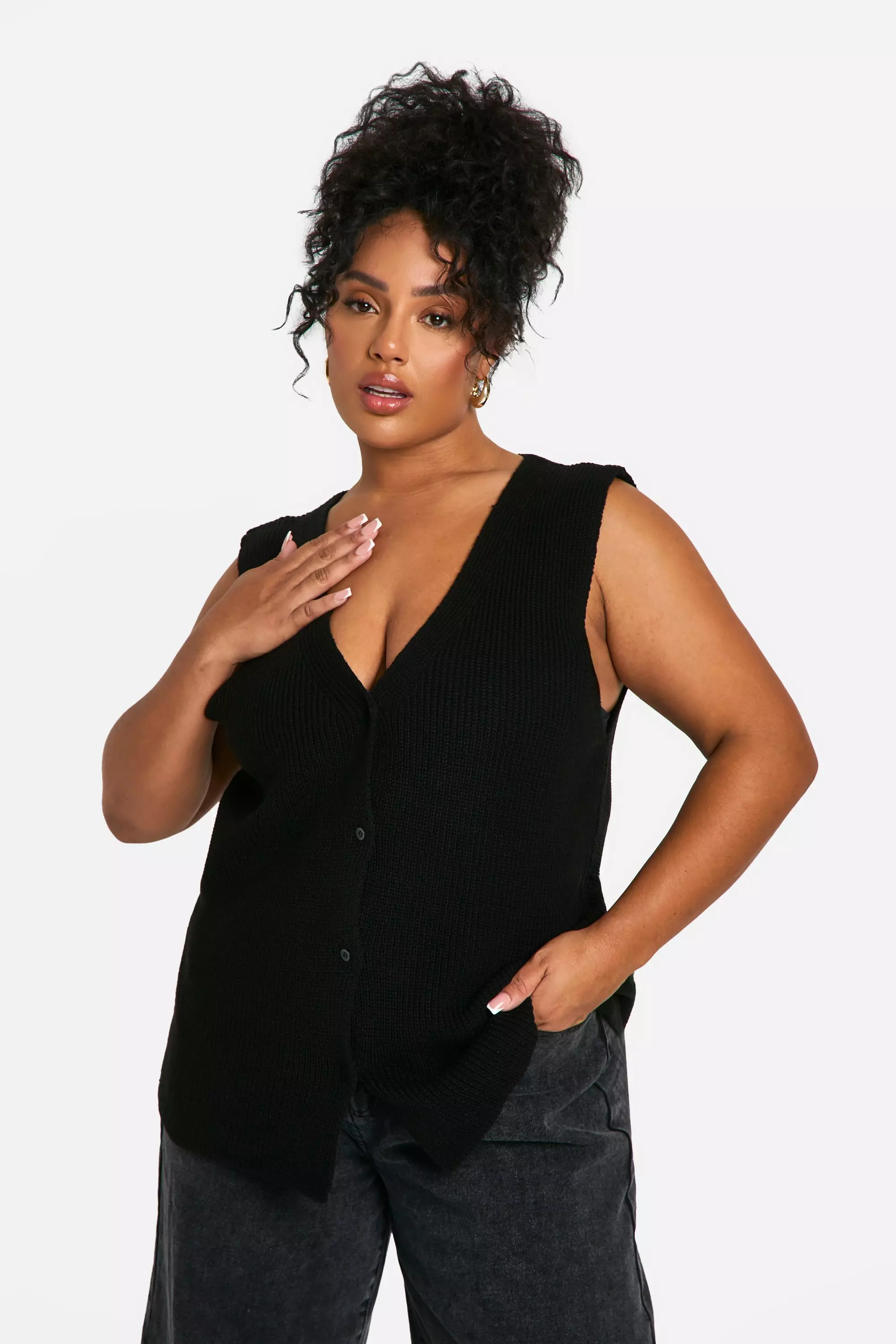 Black Plus Longline Button Front Waistcoat alternative image