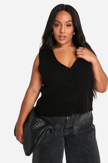 Plus Cropped Boxy Button Front Vest black