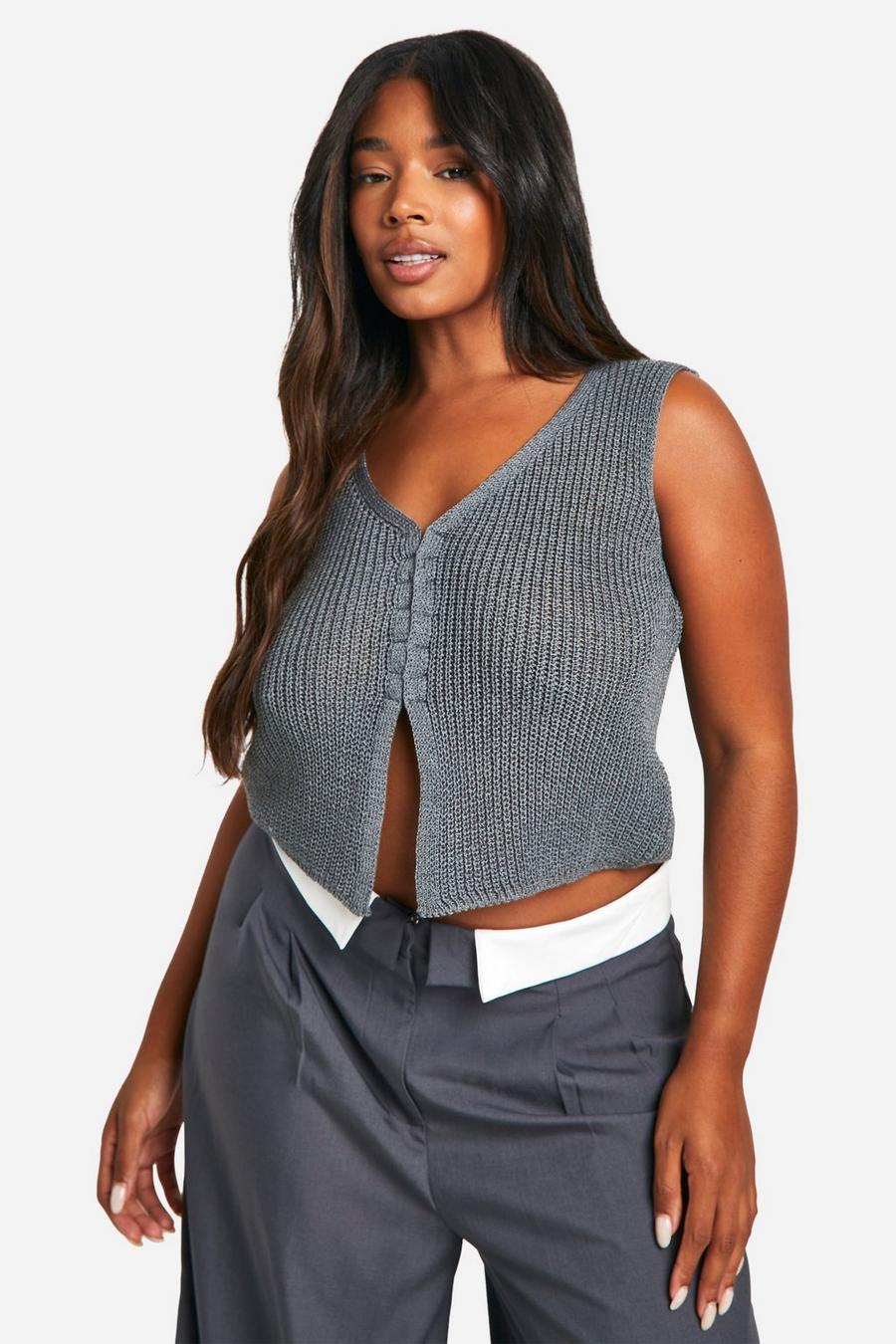 Grey Plus Knitted Hook And Eye Vest