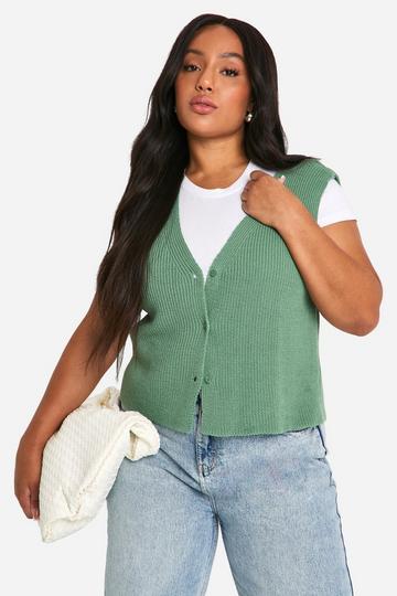 Plus Cropped Boxy Button Front Vest sage