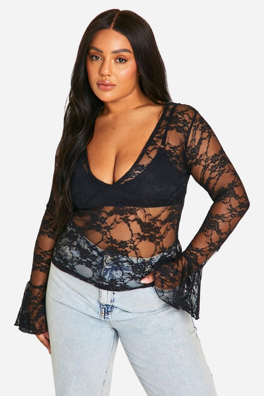 Black Plus Lace Flare Sleeve Plunge Top  image number 1