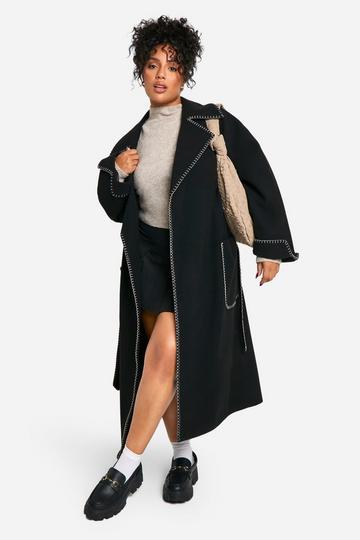 Black Plus Contrast Stitch Belted Wool Look Coat