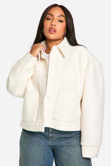 Ecru White Plus Collared Boucle Wool Look Jacket