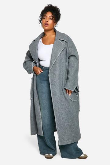 Grey Plus Contrast Stitch Belted Wool Look Coat