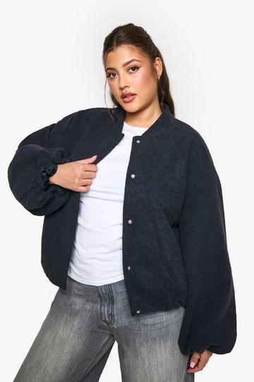 Plus Balloon Sleeve Wool Look Bomber Jacket charcoal