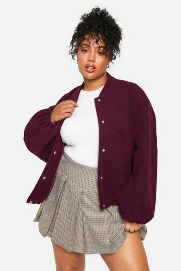 Plus Balloon Sleeve Wool Look Bomber Jacket cranberry