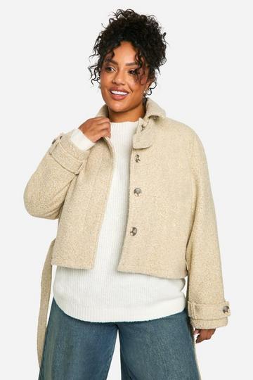 Stone Beige Plus Boucle Wool Look Short Trench Coat