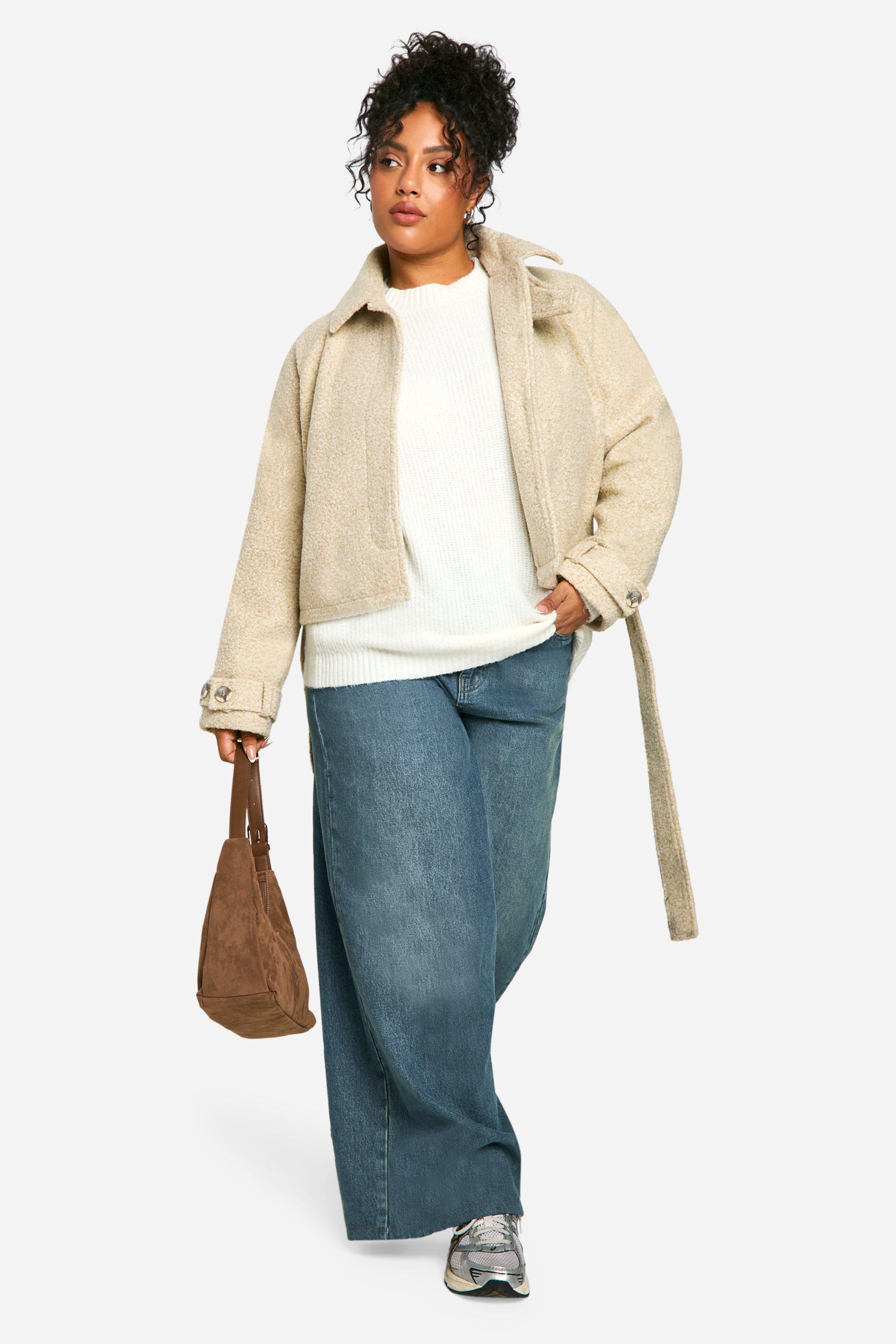 Plus Boucle Wool Look Short Trench Coat
