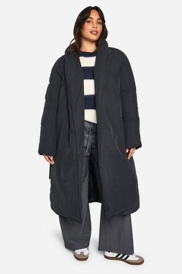 Black Plus Belted Duvet Puffer Coat