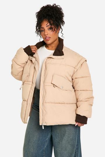 Plus Contrast Collar Oversized Puffer Jacket stone