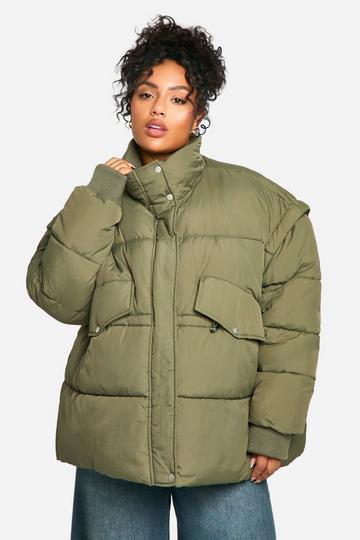 Plus Oversized Gewatteerde Jas Met Contrasterende Kraag khaki