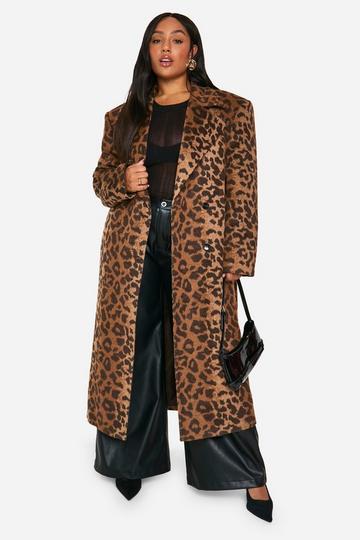 Plus Oversized Wollen Luipaardprint Jas leopard