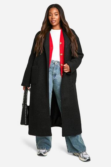 Black Plus Brushed Shawl Collar Belted Coat