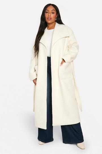 Cream White Plus Brushed Shawl Collar Belted Coat