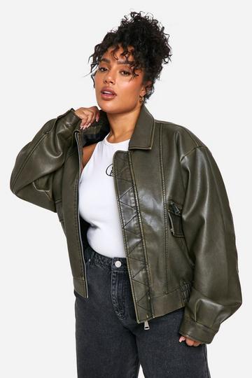 Plus Vintage Look Faux Leather Bomber Jacket chocolate