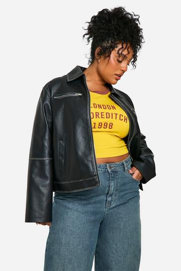 Black Plus Vintage Look Faux Leather Zip Jacket