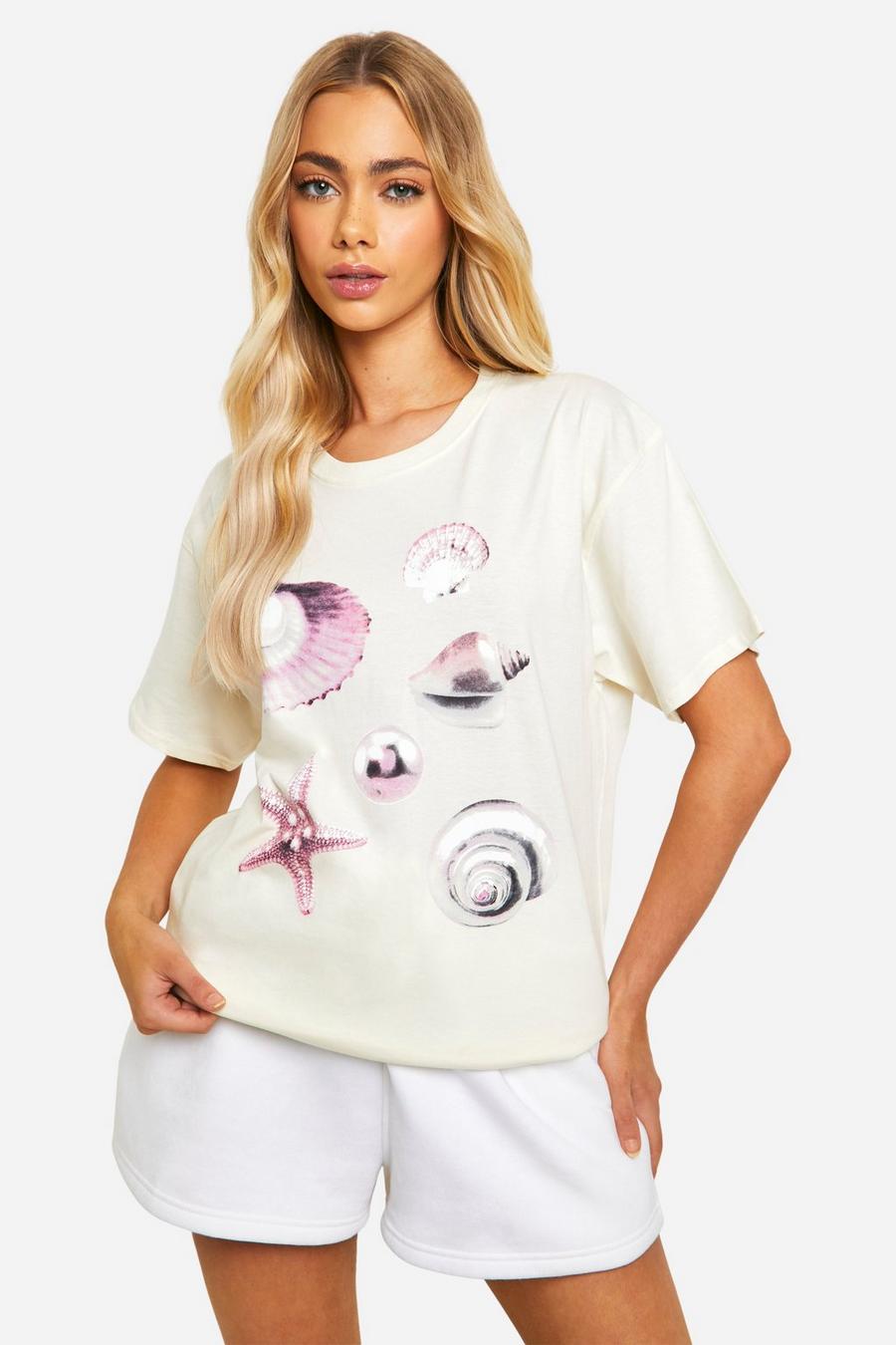 Ecru Shell Print Oversized T-shirt  image number 1