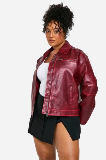 Plus Vintage Look Faux Leather Zip Jacket burgundy