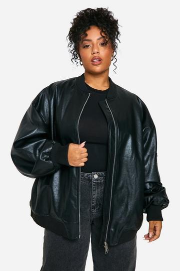 Plus Cracked Faux Leather Oversized Bomber Jacket black