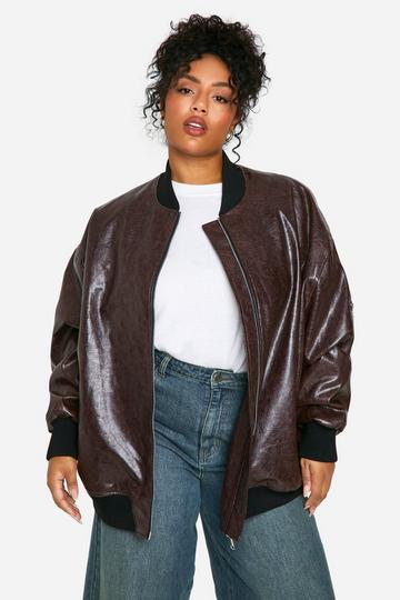 Burgundy Red Plus Cracked Faux Leather Oversized Bomber Jacket