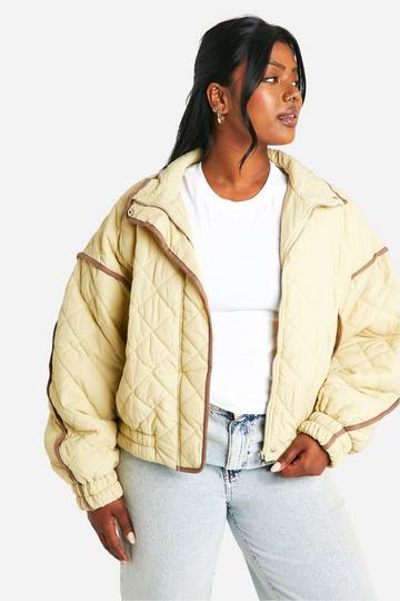 Stone Beige Plus Contrast Detail Quilted Padded Jacket