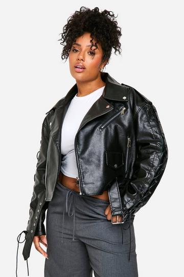 Black Plus Lace Up Detail Oversized Faux Leather Biker Jacket