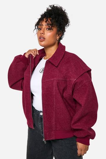 Plus Contrast Blanket Stitch Wool Look Jacket burgundy