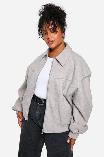 Plus Contrast Blanket Stitch Wool Look Jacket grey