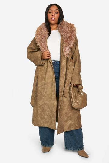 Brown Plus Faux Fur Collar Vintage Look Faux Leather Trench Coat