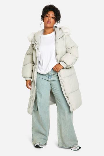 Plus Gewatteerde Parka Jas Met Faux Fur Capuchon sage