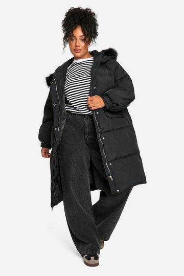 Plus Gewatteerde Parka Jas Met Faux Fur Capuchon black