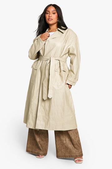 Stone Beige Plus Vintage Look Faux Leather Trench Coat