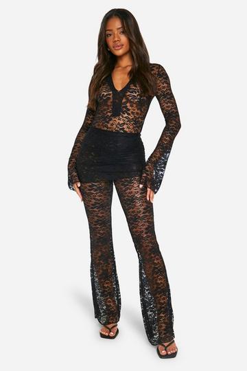 Lace Collared High Rise Bodysuit And Skirt Pants Two-Piece black