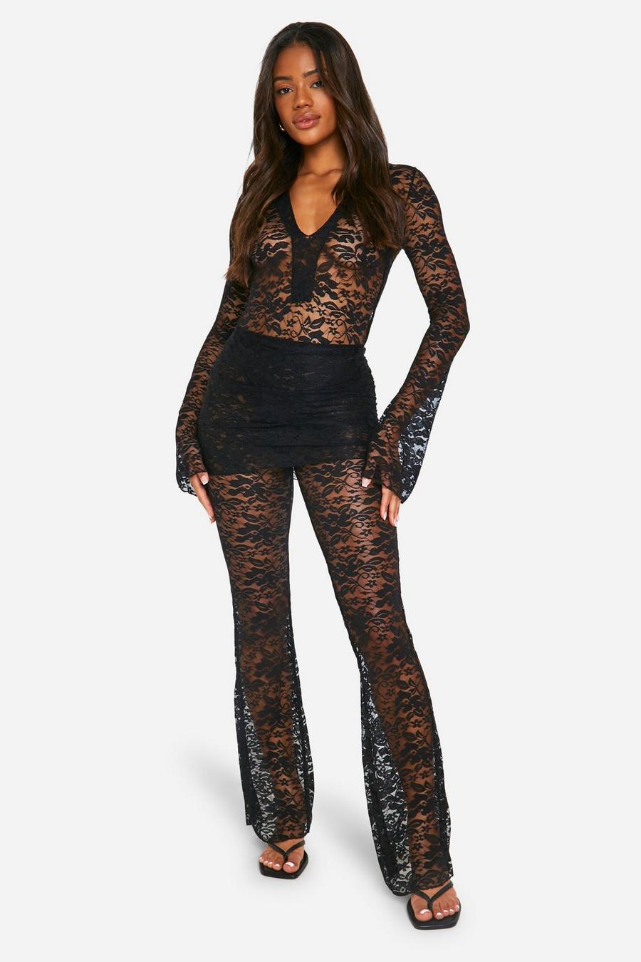 Black Lace Collared High Rise Bodysuit And Skirt Trouser Co Ord