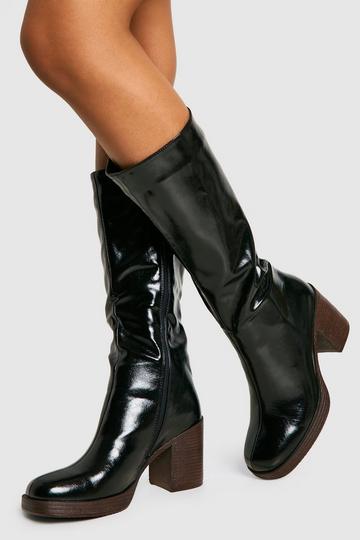 Black Textured Patent Heeled Knee High Boots