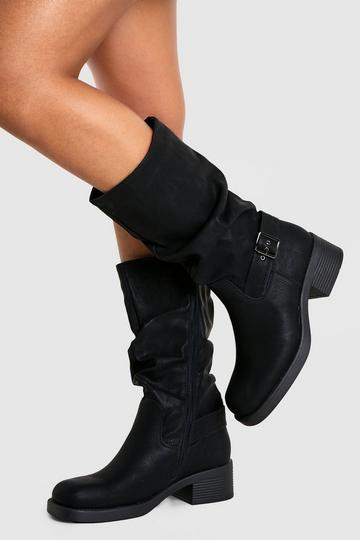 Ruched Slouch Buckle Detail Knee High Boots black